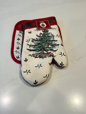 New Spode Christmas Tree Tartan Plaid Oven Mitt & Pot Holder Set
